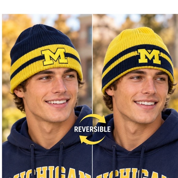 Top of the World Other - NWT Top of the World Michigan Wolverines Reversible Beanie Navy Maize Knit Hat